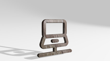 LAPTOP casting shadow with two lights. 3D illustration of metallic sculpture over a white background with mild texture. computer and business