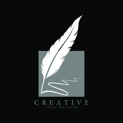 feather pen logo white with square dark grey vector design template