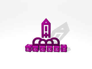 Fototapeta premium 3D illustration of rocket graphics and text made by metallic dice letters for the related meanings of the concept and presentations. space and background