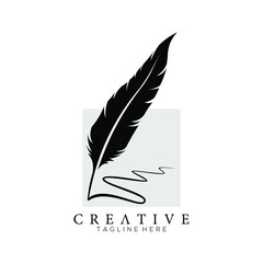 feather pen logo silhouette with square light grey vector design template