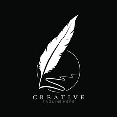 feather pen logo white with circle line vector design template