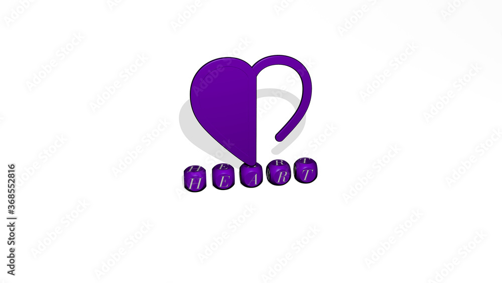 Poster 3d graphical image of heart vertically along with text built by metallic cubic letters from the top 