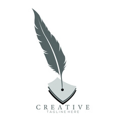 feather pen logo silhouette with 3 sheets of paper vector design template