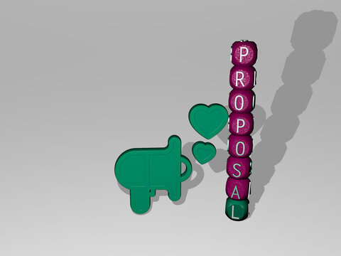 3D illustration of PROPOSAL graphics and text around the icon made by metallic dice letters for the related meanings of the concept and presentations. background and marriage