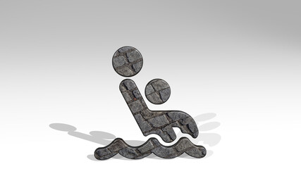 SWIMMING WATERPOLO made by 3D illustration of a shiny metallic sculpture casting shadow on light background. pool and blue