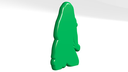 WOMAN ON HER KNEES stand with shadow. 3D illustration of metallic sculpture over a white background with mild texture. beautiful and young