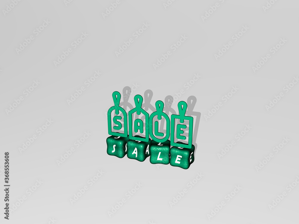 Poster 3d representation of sale with icon on the wall and text arranged by metallic cubic letters on a mir