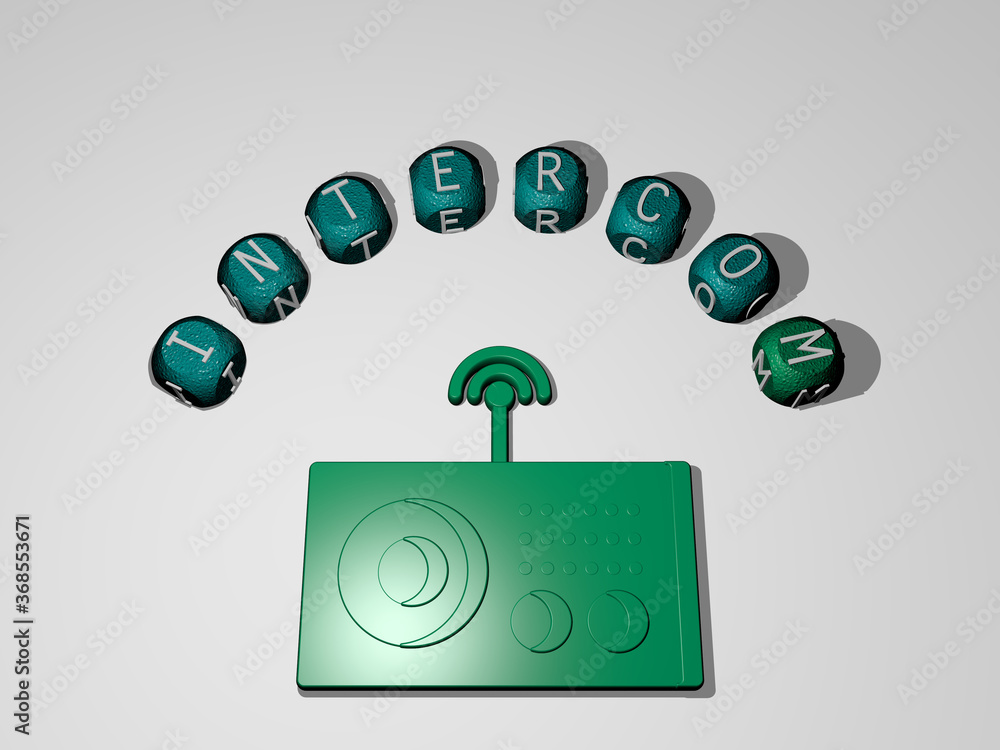Poster 3d illustration of intercom graphics and text around the icon made by metallic dice letters for the 