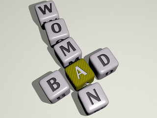 crosswords of bad woman arranged by cubic letters on a mirror floor, concept meaning and presentation. background and illustration