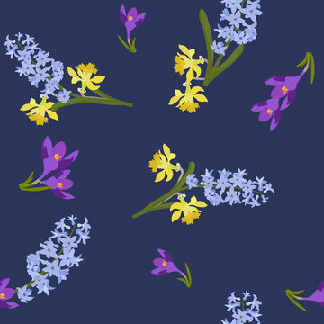Seamless pattern. Blue hyacinth, snowdrop flower pattern and narcissus on a dark background. © Nadezhda