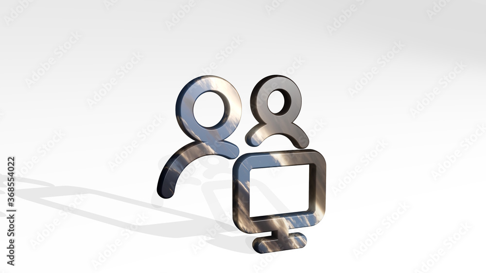 Poster multiple actions monitor made by 3d illustration of a shiny metallic sculpture casting shadow on lig