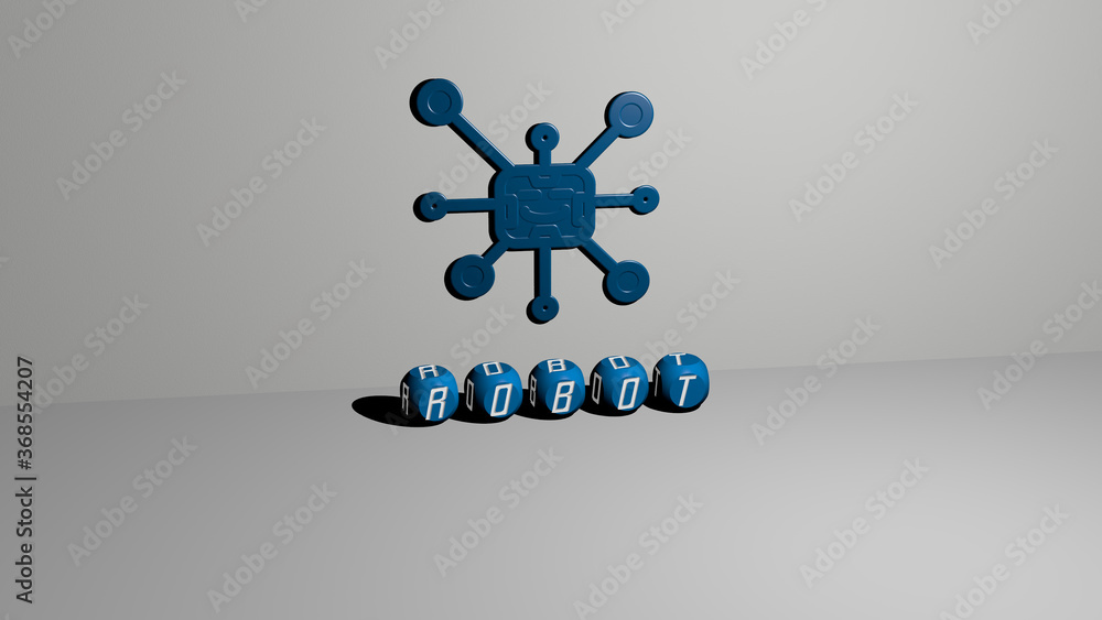 Poster 3d graphical image of robot vertically along with text built by metallic cubic letters from the top 