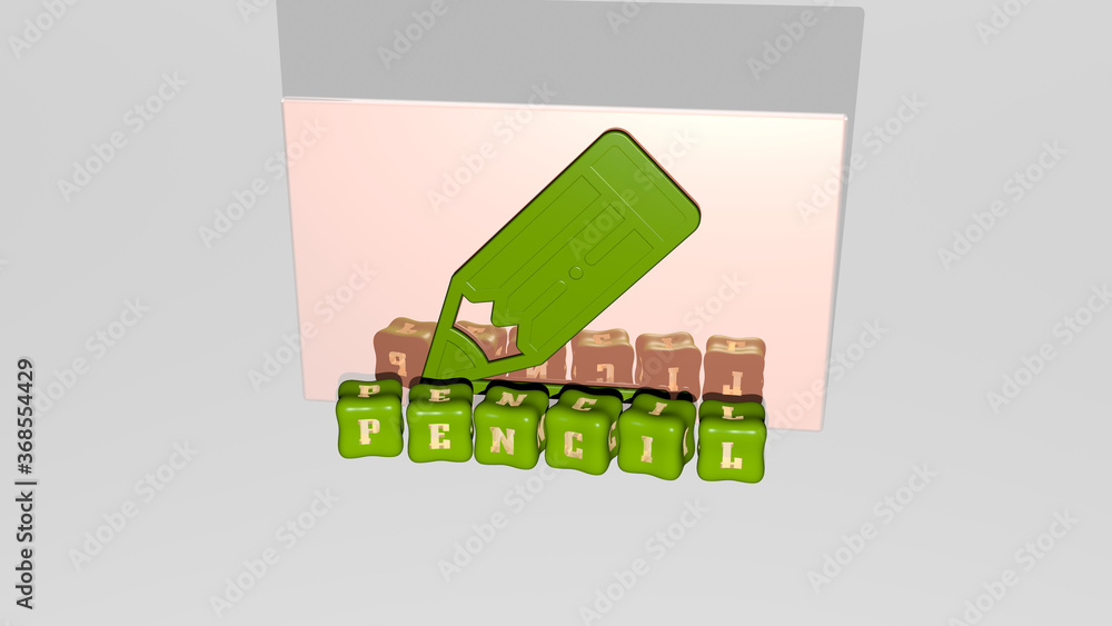 Poster 3d graphical image of pencil vertically along with text built by metallic cubic letters from the top