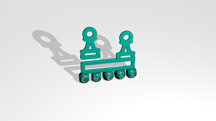3D representation of chess with icon on the wall and text arranged by metallic cubic letters on a mirror floor for concept meaning and slideshow presentation. illustration and background
