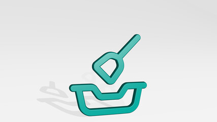 CAT LITTER from a perspective with the shadow. A thick sculpture made of metallic materials of 3D rendering. animal and illustration