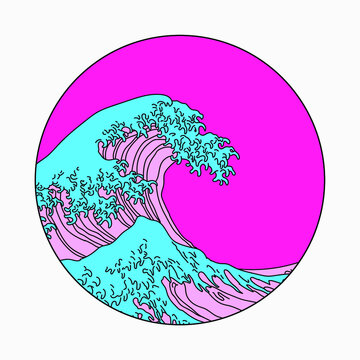 Great Wave off Kanagawa in Vaporwave Pop Art style. View on the ocean's crest leap.