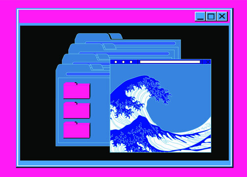 Collage with user interface elements and image of sea waves. Cyberpunk and vaporwave style illustration.