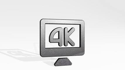 MODERN TV 4K made by 3D illustration of a shiny metallic sculpture casting shadow on light background. design and abstract