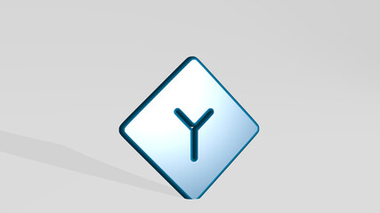 road sign split stand with shadow. 3D illustration of metallic sculpture over a white background with mild texture. city and car