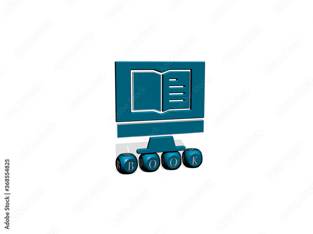 Poster 3d representation of book with icon on the wall and text arranged by metallic cubic letters on a mir