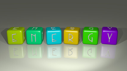 ENERGY combined by dice letters and color crossing for the related meanings of the concept. background and illustration