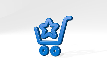 shopping cart star from a perspective with the shadow. A thick sculpture made of metallic materials of 3D rendering. illustration and background