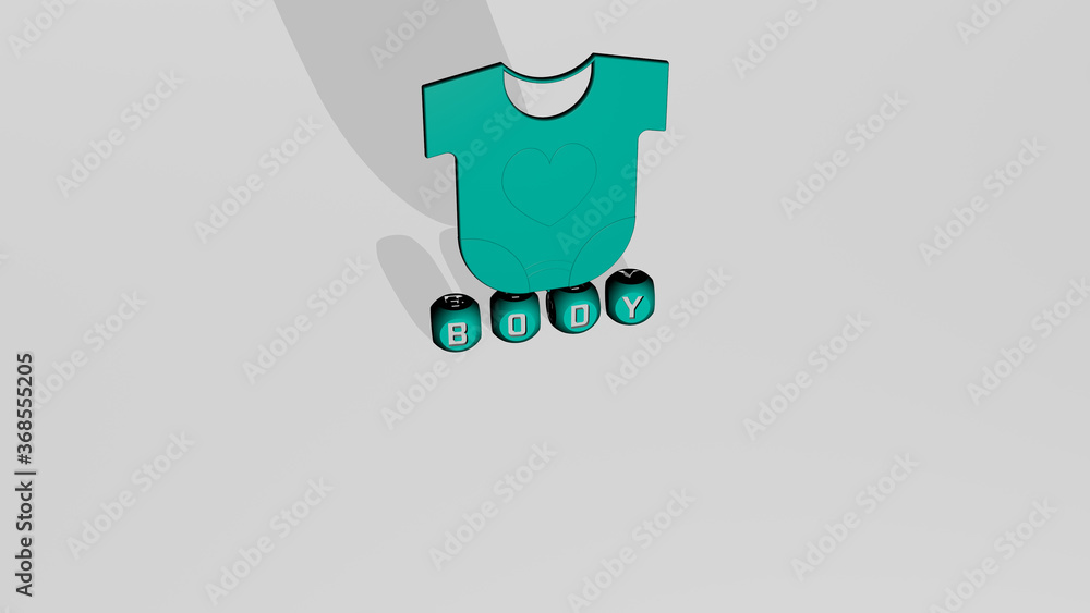 Poster 3d graphical image of body vertically along with text built by metallic cubic letters from the top p