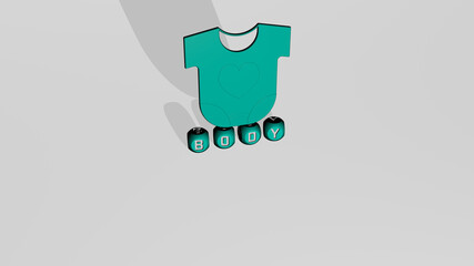 3D graphical image of body vertically along with text built by metallic cubic letters from the top perspective, excellent for the concept presentation and slideshows. background and illustration