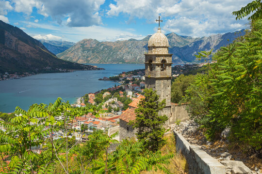 Top view of the Bay of Kotor and the old town. Europe. Montenegro