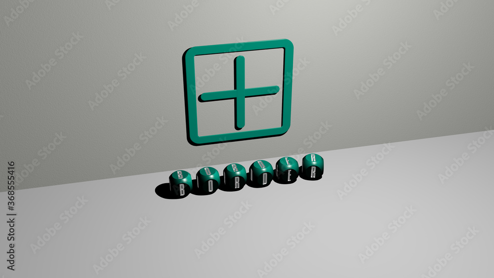 Poster 3d graphical image of border vertically along with text built by metallic cubic letters from the top