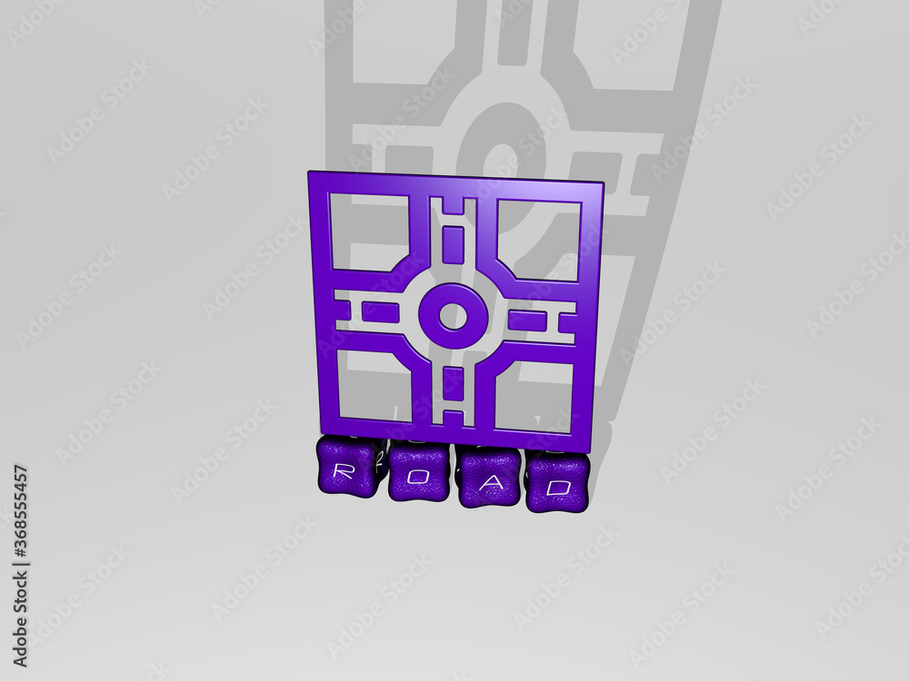 Poster 3d graphical image of road vertically along with text built by metallic cubic letters from the top p