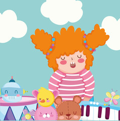 toys object for small kids to play cartoon, girl with duck bears robot drum and piano