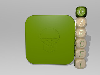 3D illustration of parcel graphics and text around the icon made by metallic dice letters for the related meanings of the concept and presentations. delivery and box