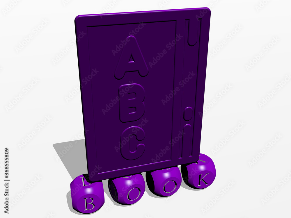 Poster 3d illustration of book graphics and text made by metallic dice letters for the related meanings of 