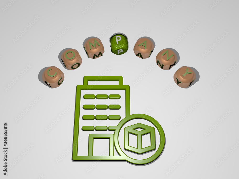 Poster 3d representation of company with icon on the wall and text arranged by metallic cubic letters on a 