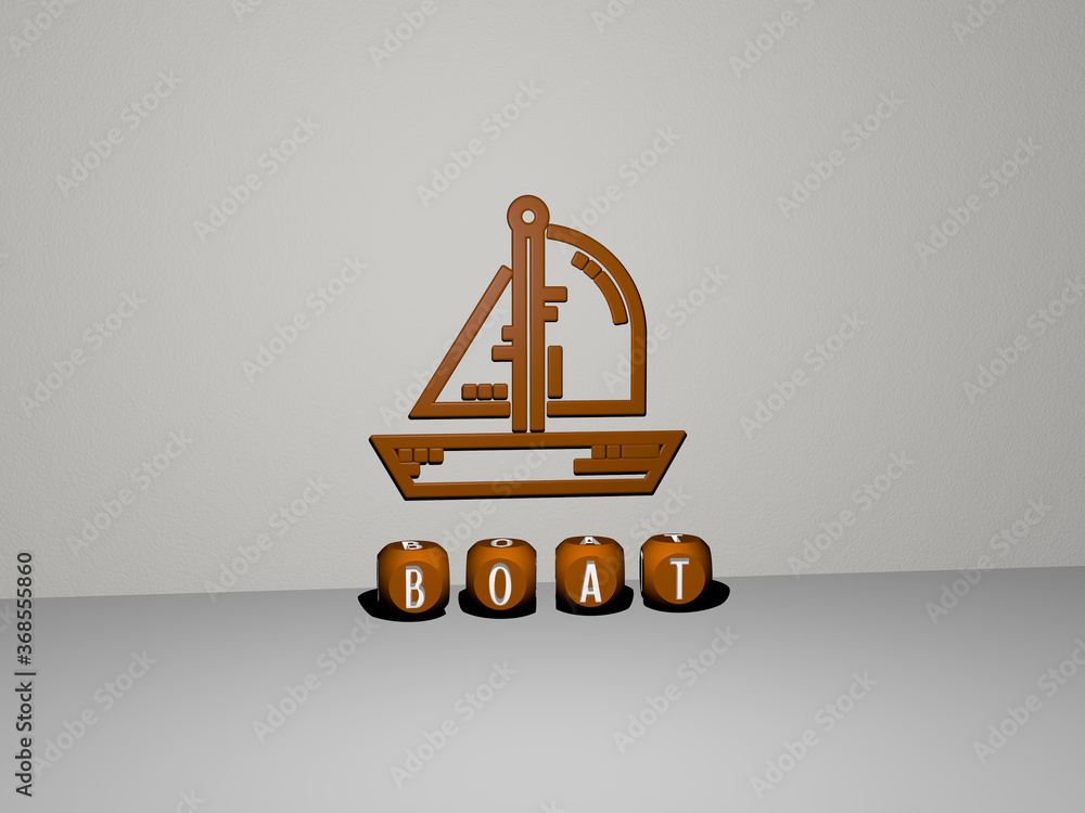 Poster 3d representation of boat with icon on the wall and text arranged by metallic cubic letters on a mir