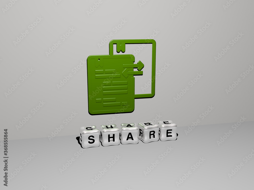 Poster 3d illustration of share graphics and text made by metallic dice letters for the related meanings of