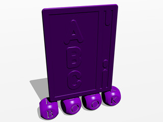 3D illustration of BOOK graphics and text made by metallic dice letters for the related meanings of the concept and presentations. background and design