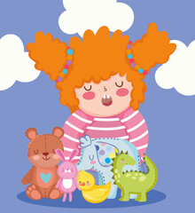 Obraz na płótnie Canvas toys object for small kids to play cartoon, little girl with cute bear bunny dinosaur elephant and duck