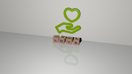 3D illustration of LOVE graphics and text made by metallic dice letters for the related meanings of the concept and presentations. background and heart