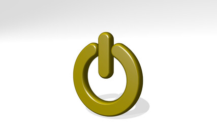 power button made by 3D illustration of a shiny metallic sculpture with the shadow on light background. energy and concept