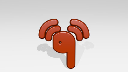 EARPOD LISTEN stand with shadow. 3D illustration of metallic sculpture over a white background with mild texture. music and headphones