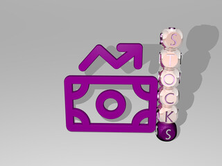 3D representation of STOCKS with icon on the wall and text arranged by metallic cubic letters on a mirror floor for concept meaning and slideshow presentation. business and illustration