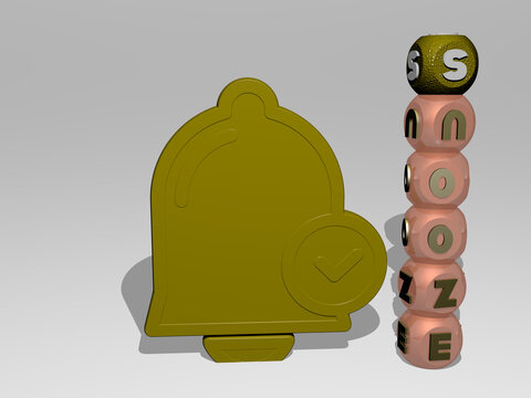 3D illustration of snooze graphics and text around the icon made by metallic dice letters for the related meanings of the concept and presentations