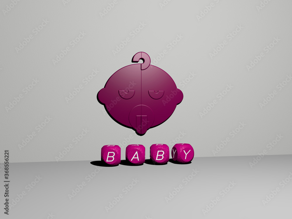 Poster 3d representation of baby with icon on the wall and text arranged by metallic cubic letters on a mir