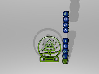 3D graphical image of snow globe vertically along with text built around the icon by metallic cubic letters from the top perspective. excellent for the concept presentation and slideshows. winter