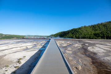 Walking Path bridge of the Grand Prismatic hot spring in Yellowstone, Wyoming, USA