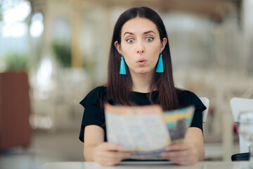Surprised Girl Reading Tabloid Newspaper - obrazy, fototapety, plakaty