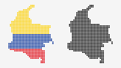 Fototapeta na wymiar Map of Colombia, in dotted style. One version includes the flag, the other is simply black. Vector Graphic. 