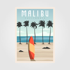 malibu california beach vintage vector illustration design, surf travel poster template - obrazy, fototapety, plakaty